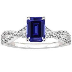 Pave Setting Verlovingsring smaragdblauwe saffier & diamant 4 karaat