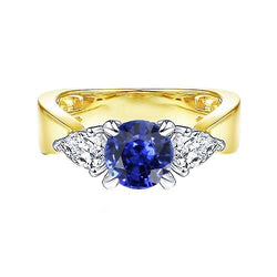 Peer Diamant 3 Steen Blauwe Saffier Ring 2 Karaat Tweekleurige Prong Sets