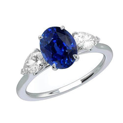 Peer Diamant Drie Stenen Ring Ovaal Diepblauwe Saffier 3 Karaat