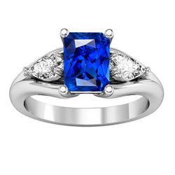 Peer Diamant Stralende Blauwe Saffier Ring 3 Karaat V Split Shank 3 Steen