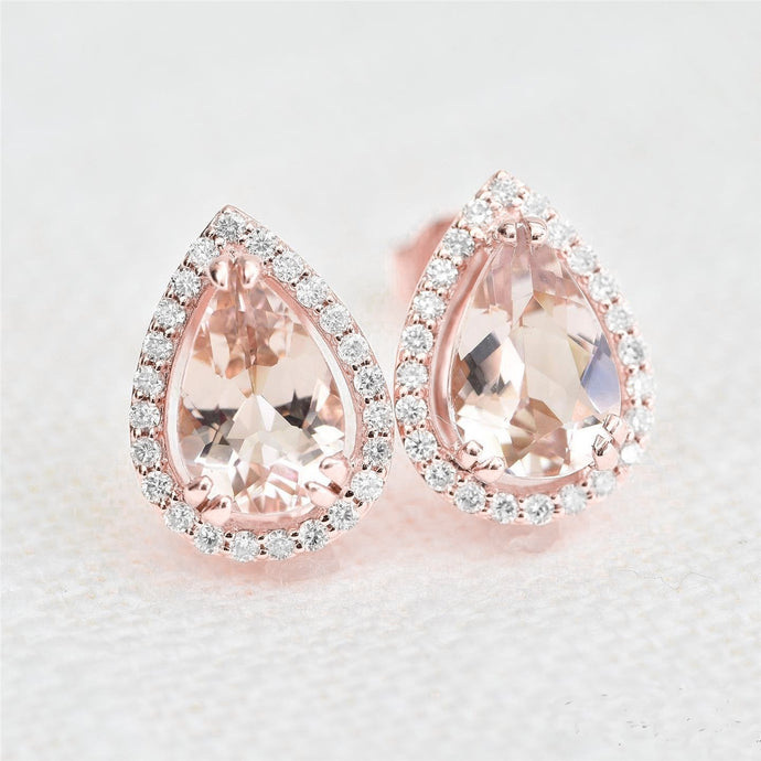 Peer Morganite met ronde diamanten 13.80 Ct oorknopjes goud 14k - harrychadent.nl
