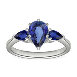 Natuurlijke (niet labgekweekt) peervormige blauwe saffier drie-stenen ring 2 karaat 14K Witgoud