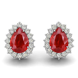 Peer geslepen robijn en ronde diamanten 7,50 karaat Stud Halo oorbellen