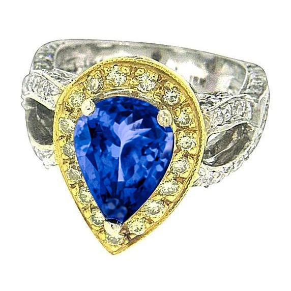 Peer tanzaniet en diamanten 4.51 ct antieke stijl ring tweekleurig goud - harrychadent.nl