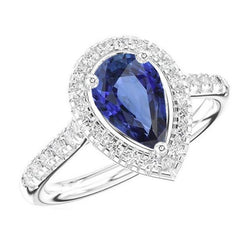 Peervormige Halo Ring Blauwe Saffier & Diamanten 4 Karaat