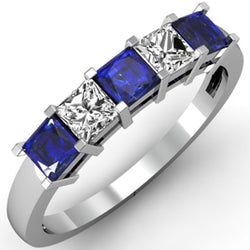 Princess Cut Ceylon Sapphire Diamonds 5 Stenen Ring 1.75 Ct