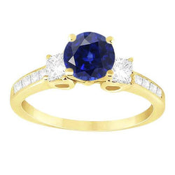 Prinses Diamant & Ronde Blauwe Saffier Ring 3.50 karaats kanaalset