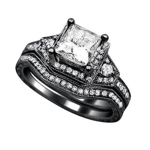 Prinses Echt Diamanten Verlovingsring & Band Set 2.50 Karaat Zwart Goud 14K