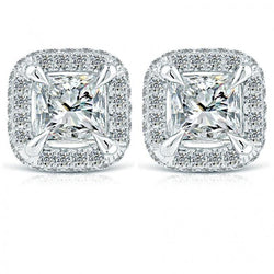 Prinses En Ronde Halo Echt Diamanten Oorbel Goud Wit Effen Instelling 4 Ct