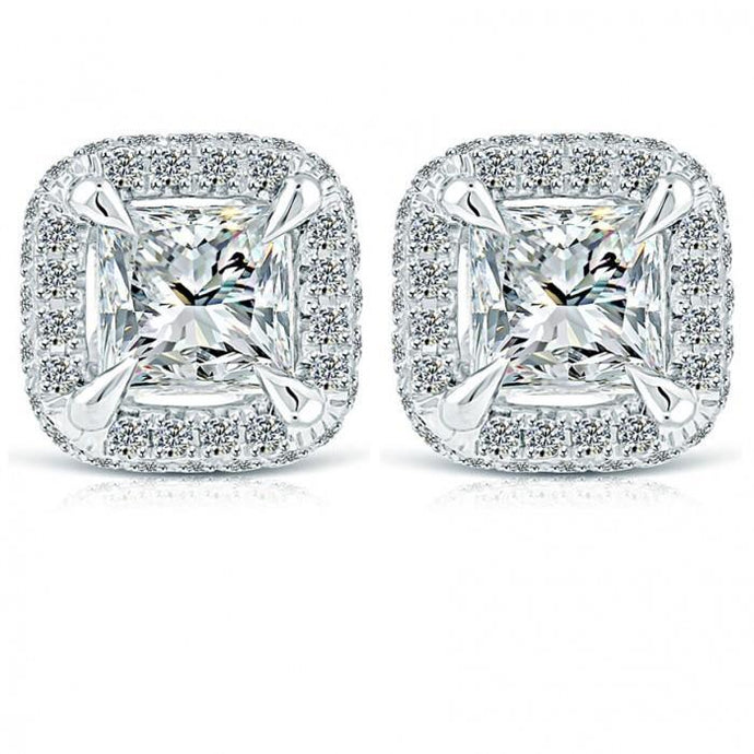 Prinses En Ronde Halo Echt Diamanten Oorbel Goud Wit Effen Instelling 4 Ct