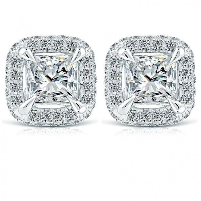 Prinses En Ronde Halo Echt Diamanten Oorbel Goud Wit Effen Instelling 4 Ct