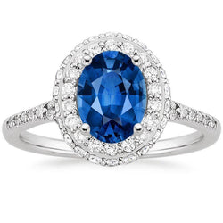 Prong Set Halo Saffier En Diamanten 3.70 Karaat Ring Wit Goud 14K