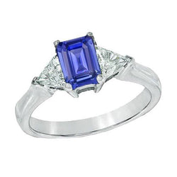 Ring met 3 stenen smaragdblauwe saffier en biljoen paar diamanten 2 karaat