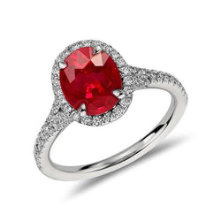 Rode Ovale Robijn Diamanten Trouwring Wit Goud 14K 3.30 Karaat