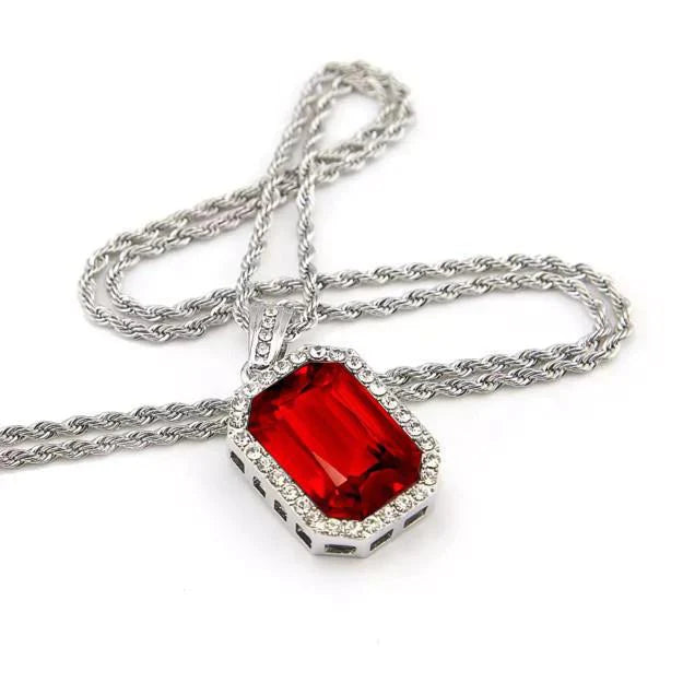 Rode Robijn smaragd  Geslepen & Ronde Diamanten Hanger Ketting 7,35 Ct. WG 14K