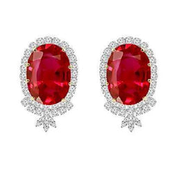 Rode Ovale Robijn IGI GECERTIFICEERD Met Kleine Diamanten Halo 14.70 Ct. Oorknopjes WG 14K