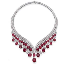 Halsketting voor dames met rode robijn en natuurlijke uit de aarde gewonnen diamanten, 59 karaat, 14K Witgoud