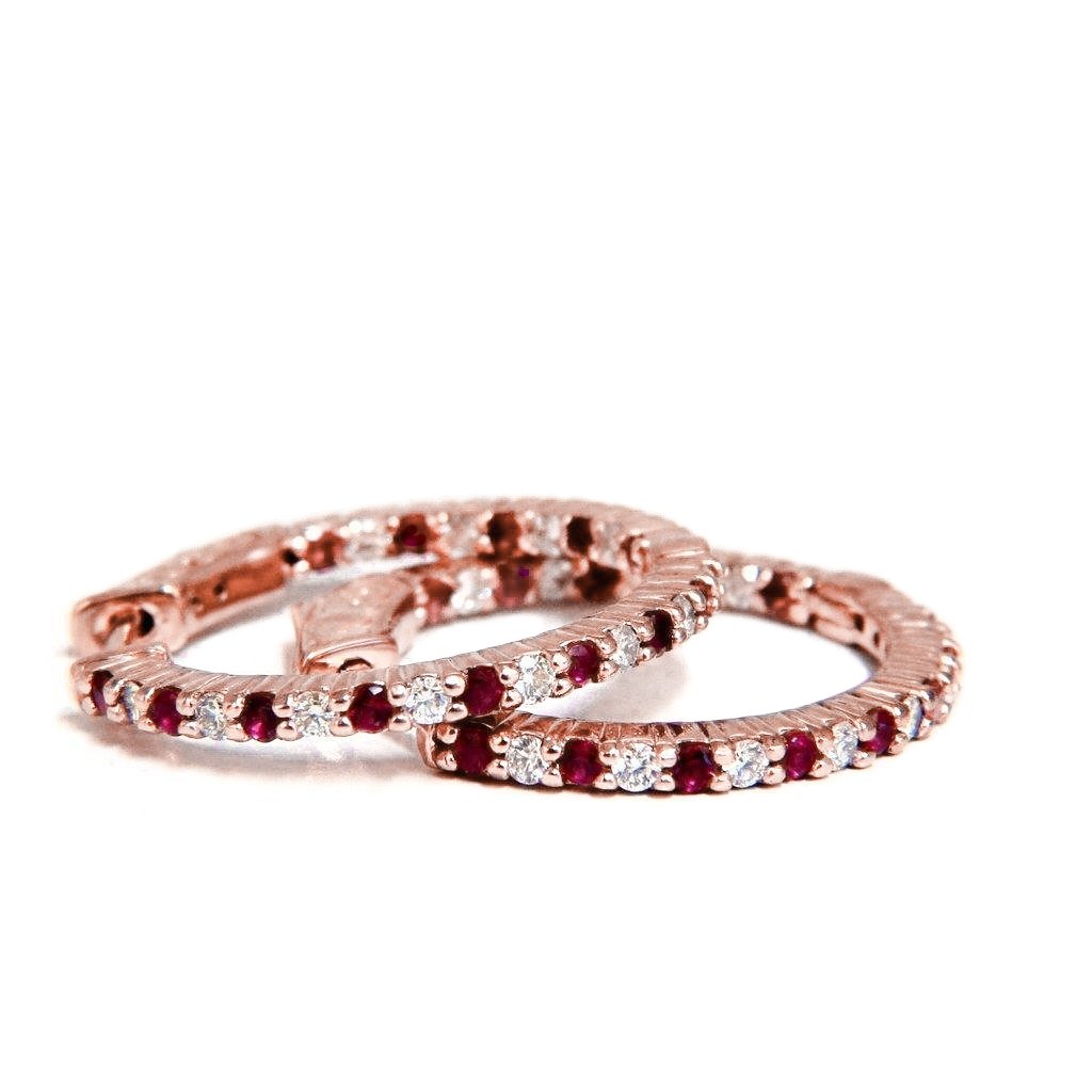 Rode ronde geslepen Ruby Diamond Hoop Earrings Rose goud 14K 4 karaat - harrychadent.nl