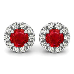 Rond briljant geslepen 7 ct. Robijn met diamanten oorknopjes