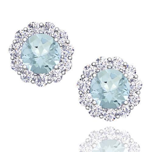 Rond geslepen aquamarijn met halo diamanten oorknopjes 7 karaat WG 14K - harrychadent.nl
