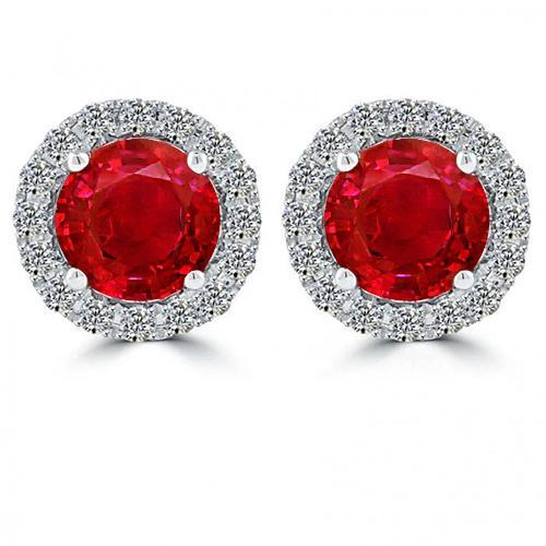 Rond geslepen witgouden robijn met halo diamanten oorknopjes 5,60 ct - harrychadent.nl