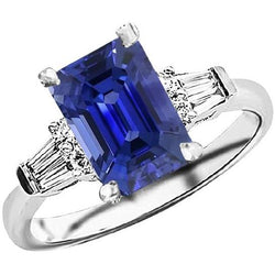 Ronde & Baguette Diamond Sri Lankaanse Sapphire Ring Emerald Cut 4 karaat