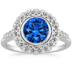 Ronde Ceylon Sapphire Diamond Ring Bezel Set 3.80 Carat White Gold 14K