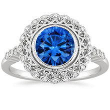Afbeelding in Gallery-weergave laden, Ronde Ceylon Sapphire Diamond Ring Bezel Set 3.80 Carat White Gold 14K - harrychadent.nl
