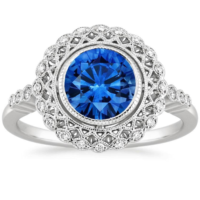 Ronde Ceylon Sapphire Diamond Ring Bezel Set 3.80 Carat White Gold 14K - harrychadent.nl