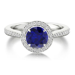 Ronde Ceylon Sapphire Halo Diamond Ring 2.85 Ct Witgouden Sieraden 14K