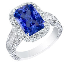 Ronde Diamond Halo Radiant Sapphire Ring Split Milgrain Shank 5 karaat
