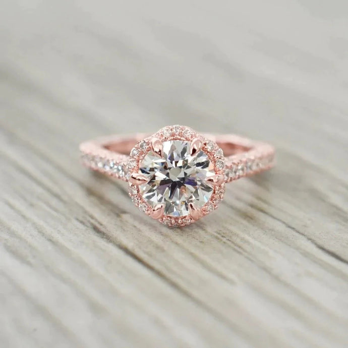 Ronde Eagle Claw Prongs Halo Diamond Ring Fine Jewelry 14K Rose Gold