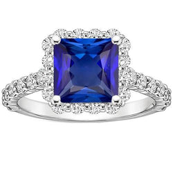 Ronde Halo Diamanten & Prinses Sri Lankaanse Saffier Ring 4,50 Karaat