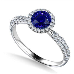 Ronde Halo Ring Ceylon Sapphire 3 Karaat Multi Row Pave Set Diamanten