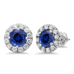Ronde Saffier & Diamant Halo Stud Earring 3 Karaat Wit Goud 14K