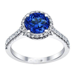 Ronde Sri Lanka blauwe saffier Halo diamanten ring 2,20 karaat goud 14K
