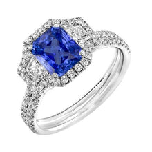 Afbeelding in Gallery-weergave laden, Ronde &amp; Trapezium Diamant Halo Saffier Verlovingsring 4 Karaat - harrychadent.nl
