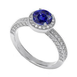 Ronde blauwe saffier 4.70 ct. Diamanten Ring Vintage Stijl Wit Goud 14K