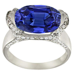 Ronde diamant en ovaal geslepen blauwe saffier ring bar instelling 4,50 karaat