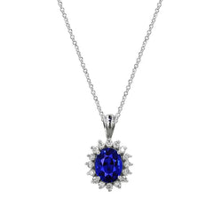 Ronde diamant & ovale Ceylon saffier Halo hanger & ketting 1,50 karaat