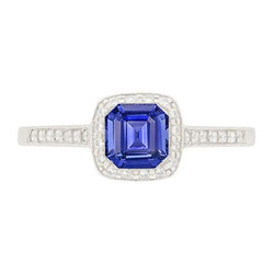 Ronde diamanten Halo Asscher blauwe saffier verlovingsring 1,75 karaat