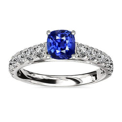 Ronde diamanten kussen blauwe saffier edelsteen ring 3 karaat witgoud