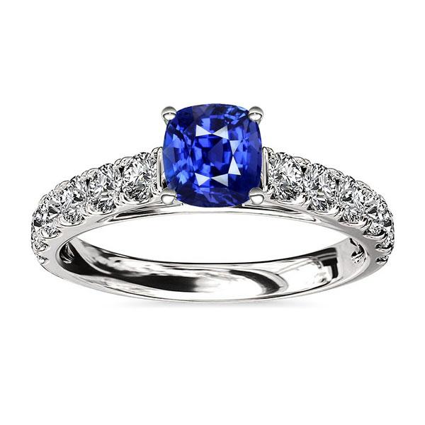 Ronde diamanten kussen blauwe saffier edelsteen ring 3 karaat witgoud - harrychadent.nl
