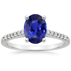 Ronde diamanten pave set ring ovaal geslepen Sri Lankaanse saffier 5 karaat