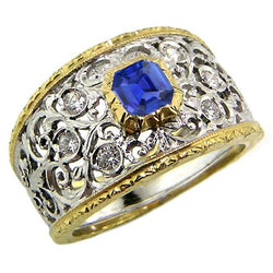 Ronde diamanten ring Asscher saffier ring tweekleurig filigraan 2 karaat