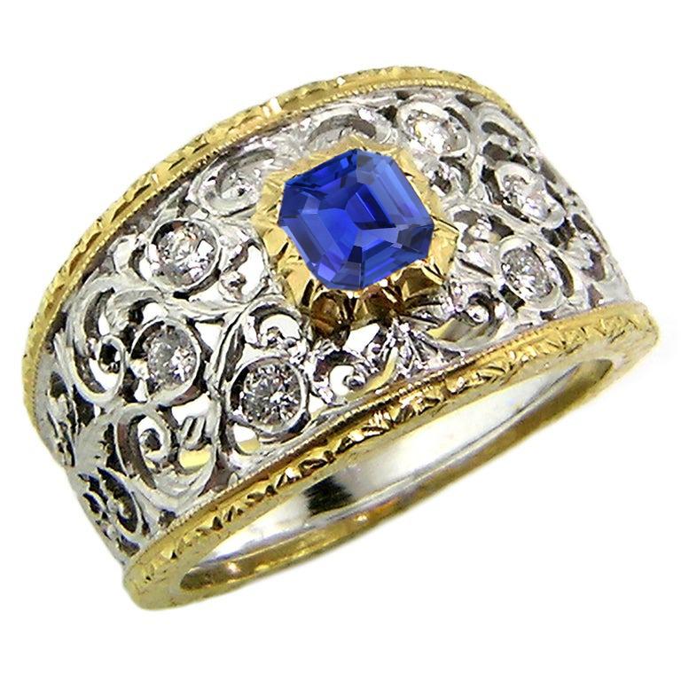 Ronde diamanten ring Asscher saffier ring tweekleurig filigraan 2 karaat - harrychadent.nl