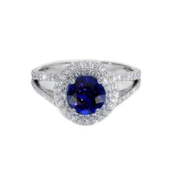 Ronde diamanten ring Halo blauwe saffier 3,50 karaat nieuwe edelsteen goud
