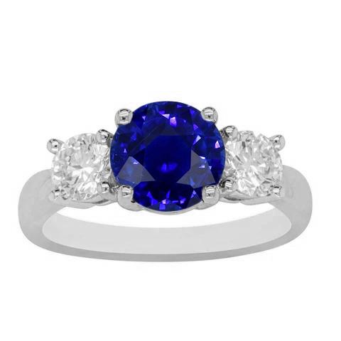 Ronde diamanten ring met 3 stenen edelsteen natuurlijke blauwe saffier 3 karaat - harrychadent.nl