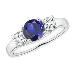 Ronde drie stenen blauwe saffier & diamanten edelsteen ring 1,75 karaat