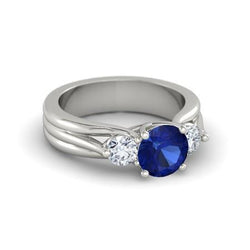 Ronde geslepen drie stenen Ceylon saffier diamanten ring 1.75 karaat WG 14K
